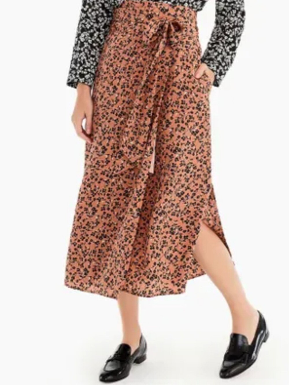 Point Sur for J. Crew 100% Silk Wrap tan black floral Skirt Size XS Small